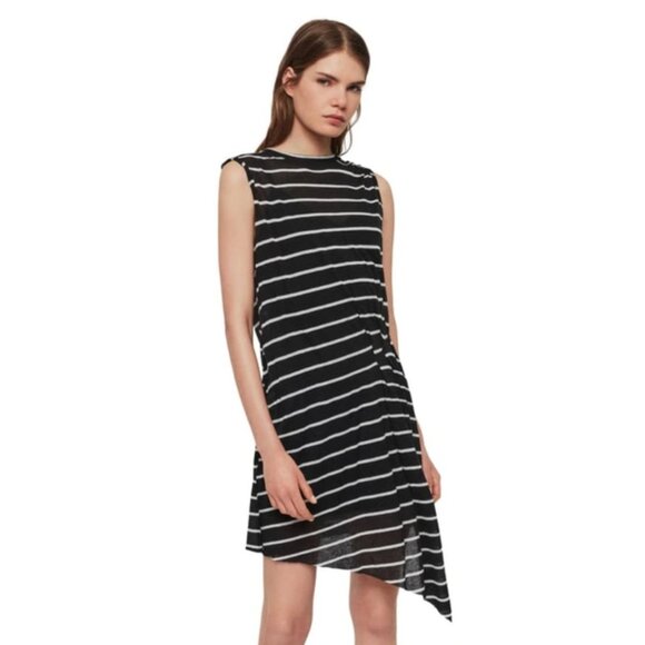 AllSaints Duma Stripe Asymmetrical T-Shirt Dress Black White Sleeveless Small - Picture 1 of 12